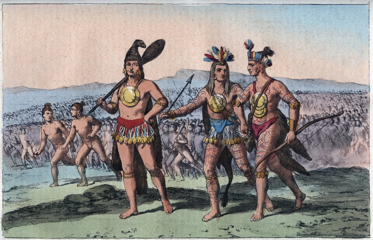The Chiefs of Florida on their Way to War (Native American Indian) - gravura de "Uses and Customs of All the Peoples of the Universe" (Usos e costumes de todos os povos do universo). Ou História do Governo, Leis, Milícias e Religião de todas as Nações desd de Unknown artist