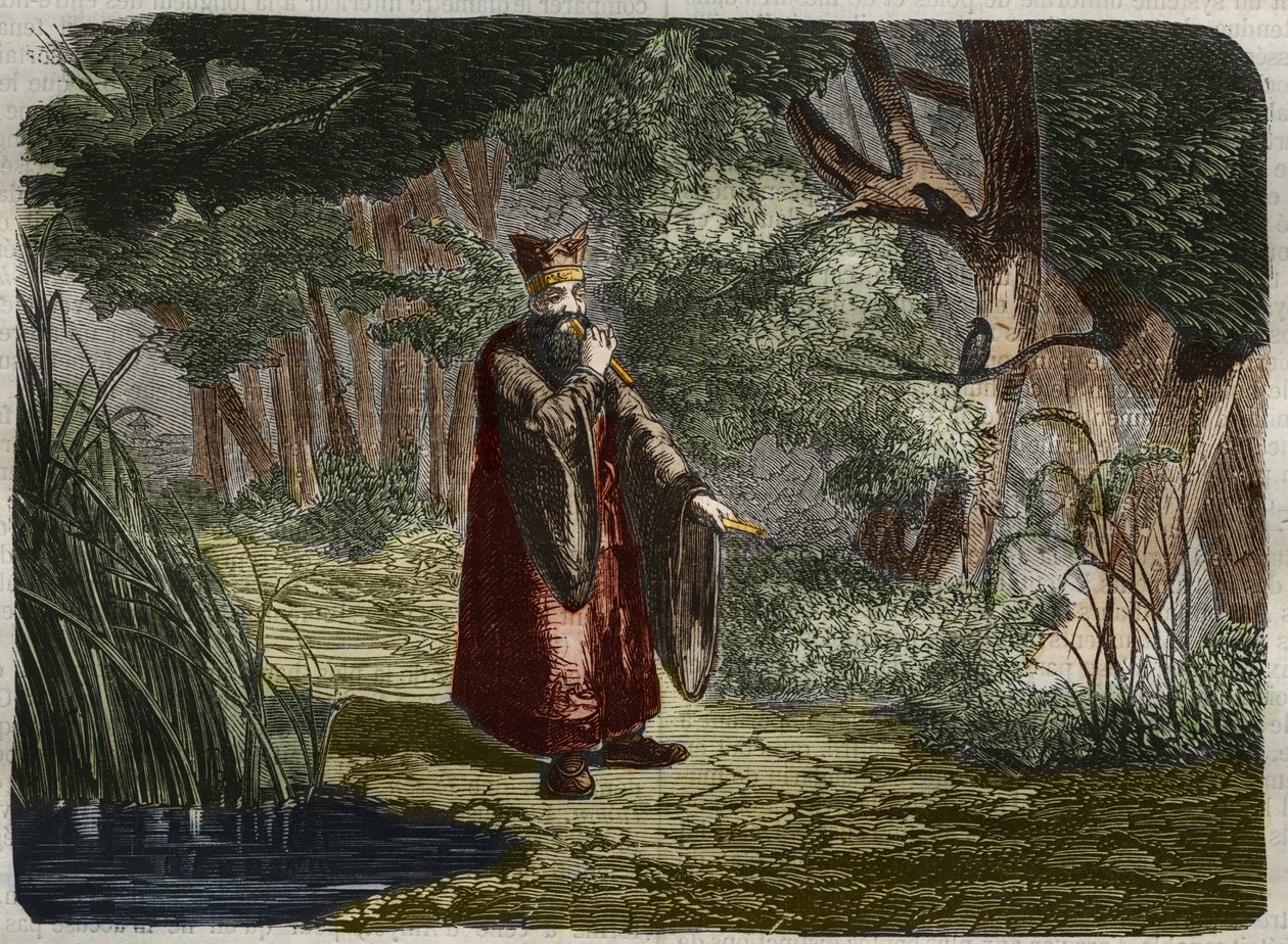 O Ling Mon chinês (Ling-lun) (Lihng-lewn) descobre a afinação soprando no caule de um bambu. Século 27 AC. Gravura de 1859 em "Le Musee Des Sciences". de Unknown artist