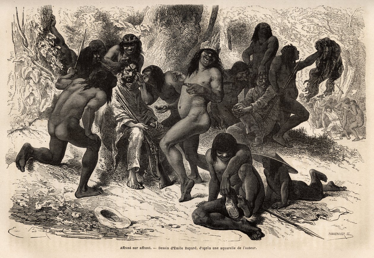 Os índios Chunchos agrediram a equipe de Marcoy, no vale de Caravaya (Cordilheira dos Andes), mas esta última não tinha nada para voar, os índios se divertiram despindo os exploradores e os inventando com sementes de rockoo. Engravure pour illustrrer le vo de Unknown artist