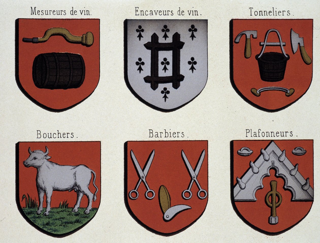 Os Brasões de Gand (Espécime dos Brasões de Armas da Idade Média): Medidores de Vinho, Cavernas de Vinho, Tanoeiro, Açougueiros, Barbeiros, Ladrilhadores de Unknown artist