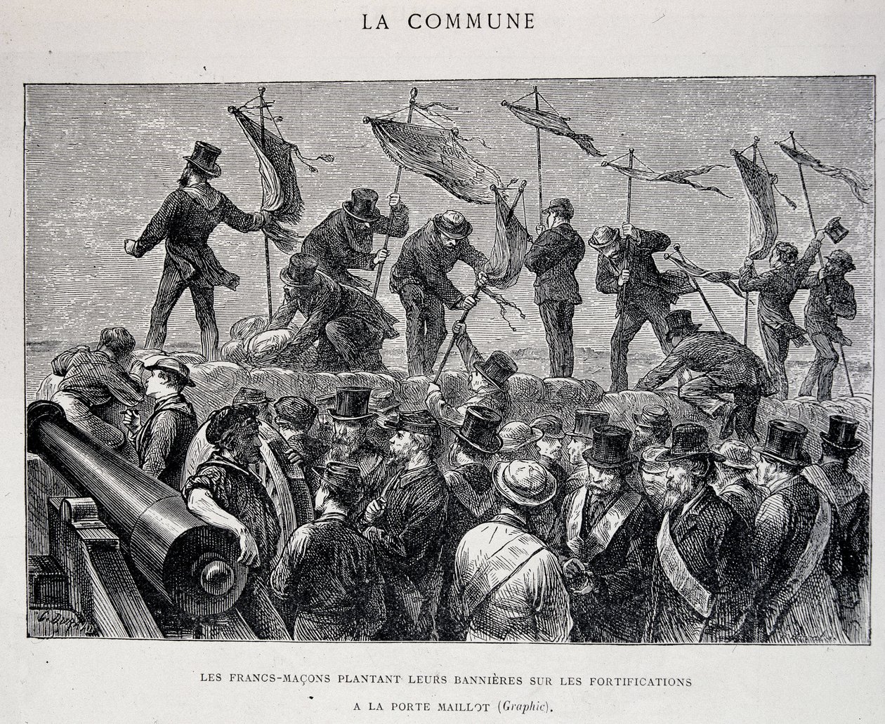 A Comuna: Os Maçons plantam as suas bandeiras nas fortificações de Porte Maillot (1871) - gravura de Unknown artist