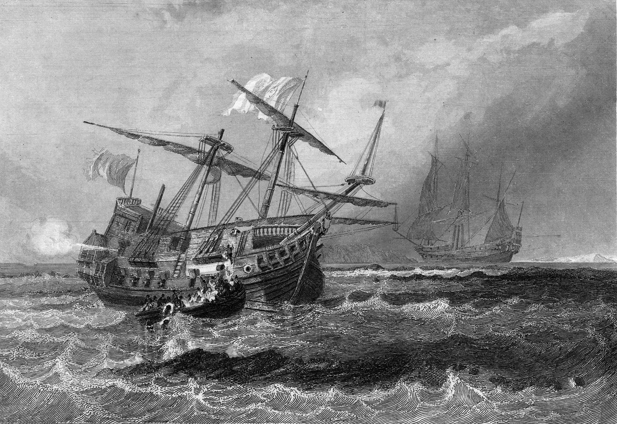 O Corbin perdeu no recife nas Ilhas Maldivas a 1 de Julho de 1602. Em "General History of the Navy" por Van Tenac de Unknown artist