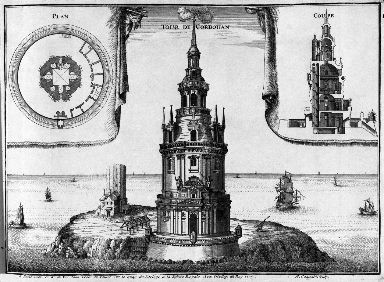 O farol de Cordouan perto de Bordeaux, em Gironde (33). O actual edifício rico em estátuas, colunas, tem uma capela e uma sala para o rei Heberger. de Unknown artist