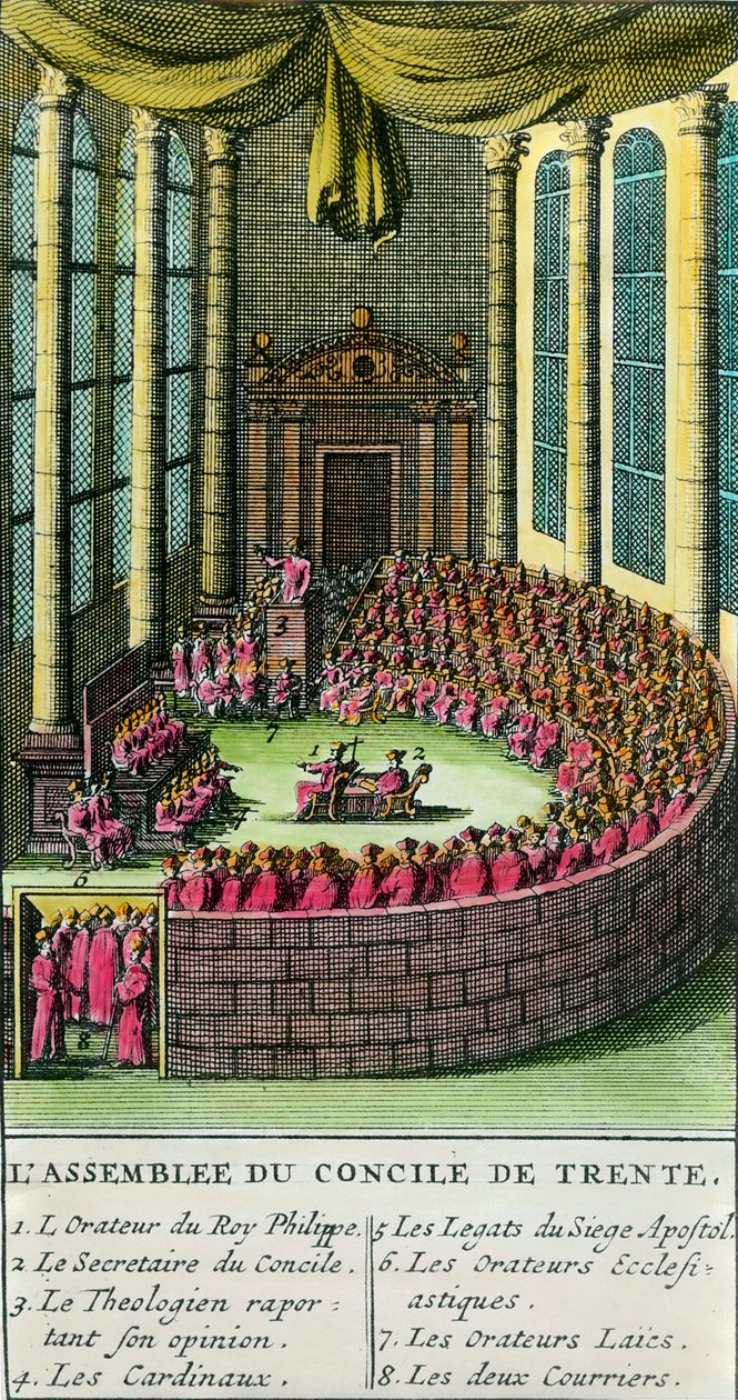 O Conselho de Trento. Ilustração com a descrição dos membros presentes na assembléia. O Concílio de Trento foi convocado pelo Papa Paulo III (representante da Igreja Católica Romana) em 1545, em resposta aos pedidos feitos por Martinho Lutero na f de Unknown artist