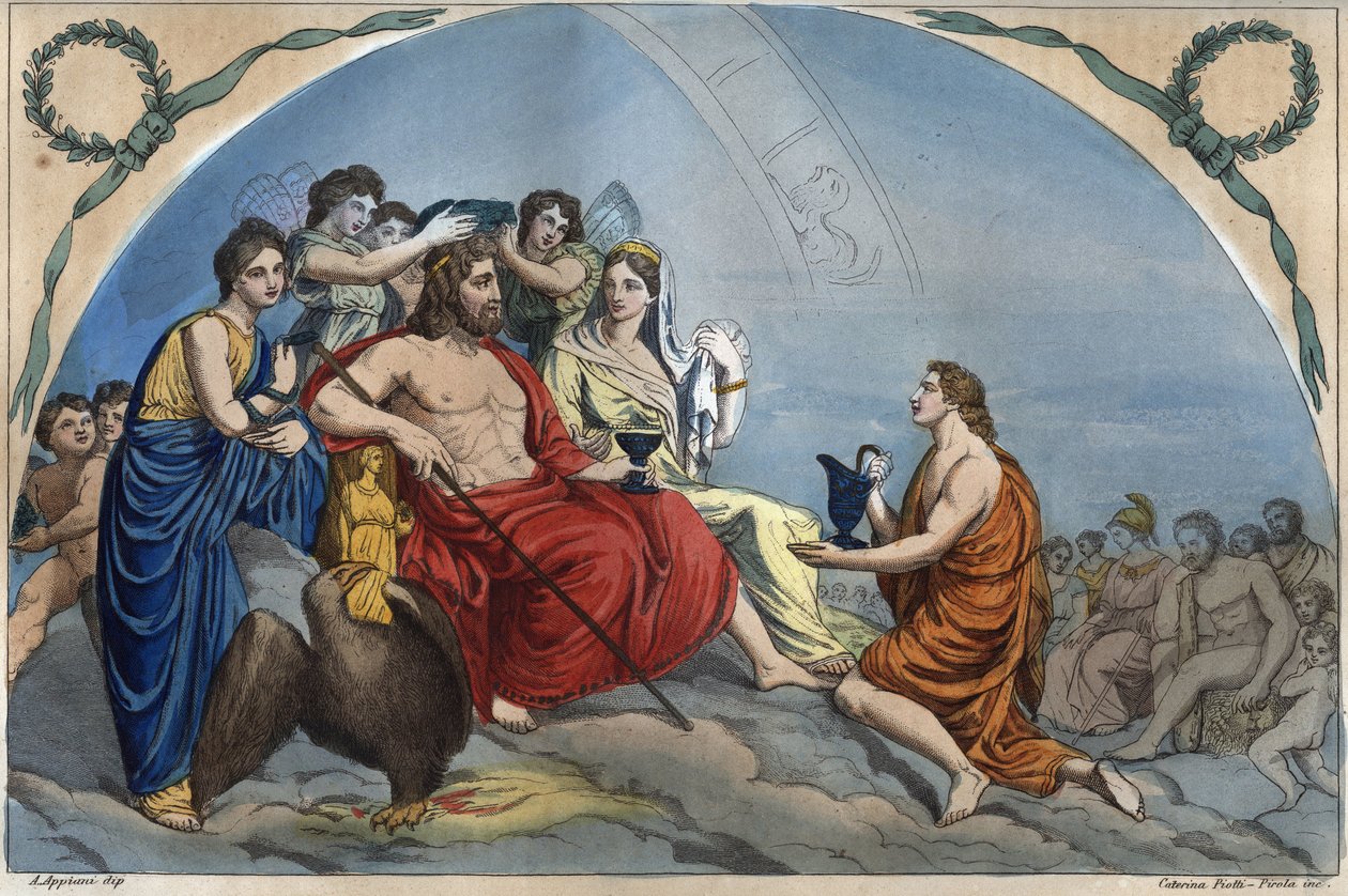 O Concílio dos Deuses (ou Assembleia dos Deuses): Zeus no Olimpo rodeia divinites - Olimpo gravando a partir de "Usos e costumes de todos os povos do Universo". Ou História do Governo, Leis, Milícias, Religião de Todas as Nações do Universo. de Unknown artist