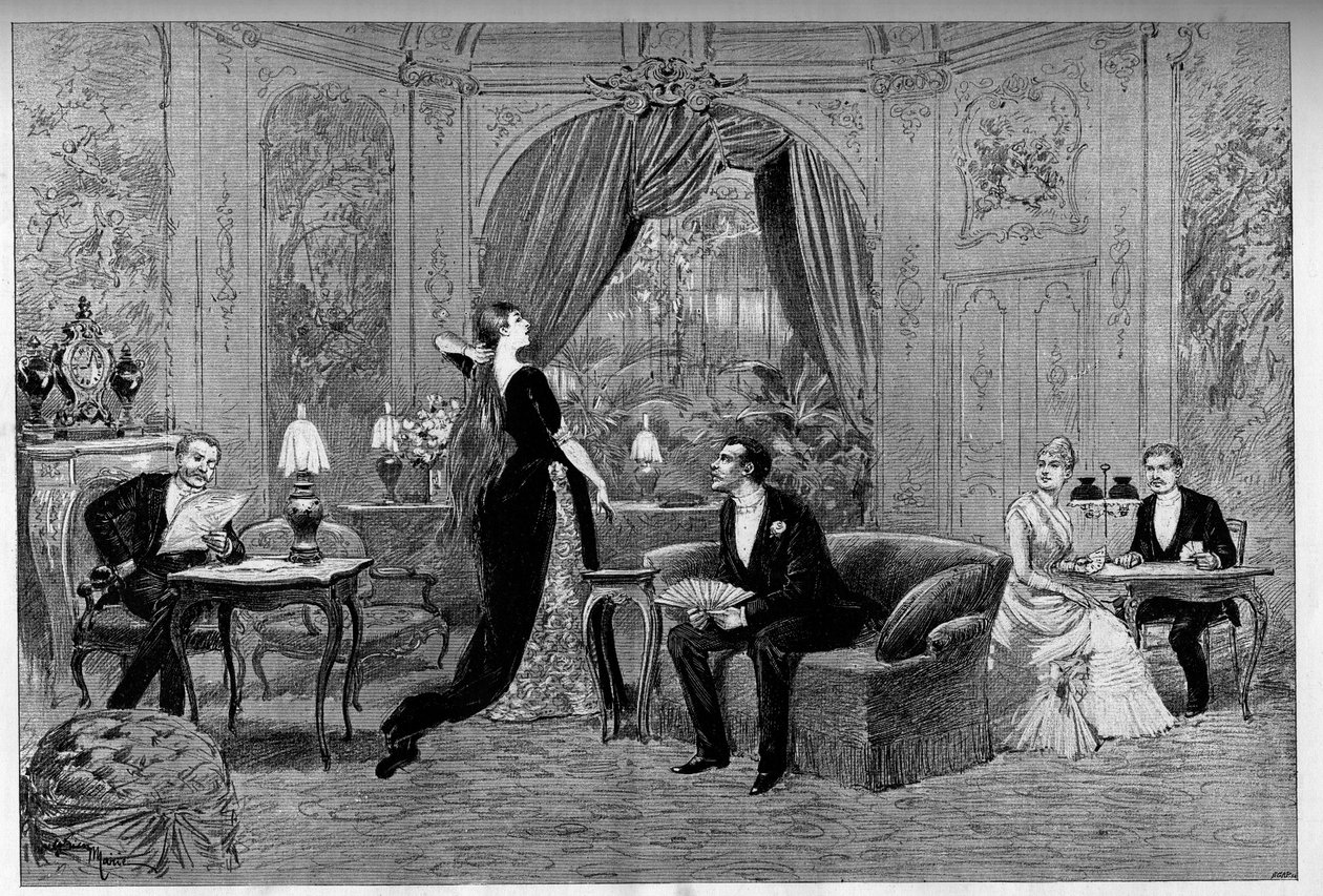 O Conde de Riverolles, Francine, Stanislas de Grandredon, Therese Smith e Henri de Simeux, personagens da peça "Francillon", comédia de Alexandre Dumas (1824-1895) representada na Comedie-Francaise (1887) em Paris. Gravura em "Le monde illustriou de Unknown artist