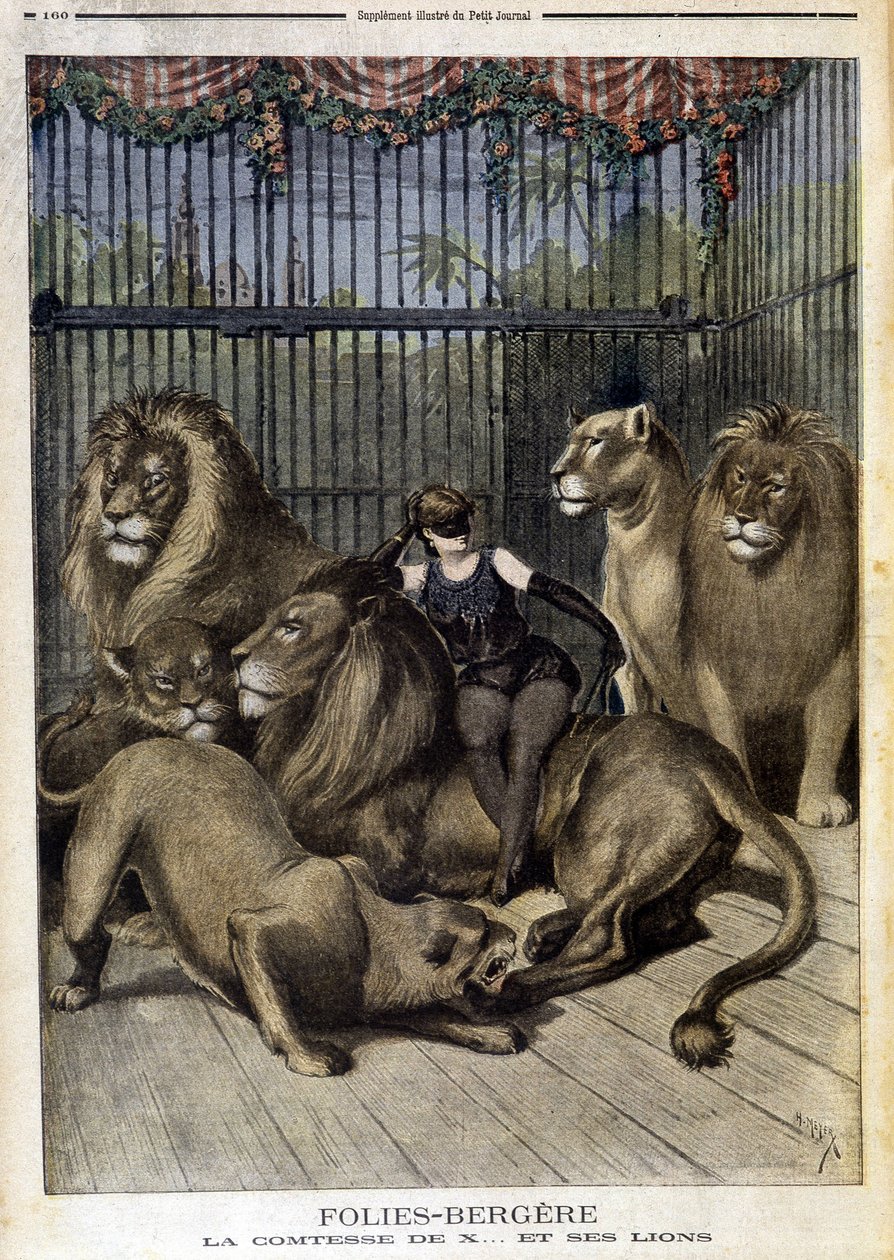 A Condessa de X... e os seus leões no espectáculo no Folies Bergères em Paris. No Le petit Journal, no dia 19/05/1895. de Unknown artist