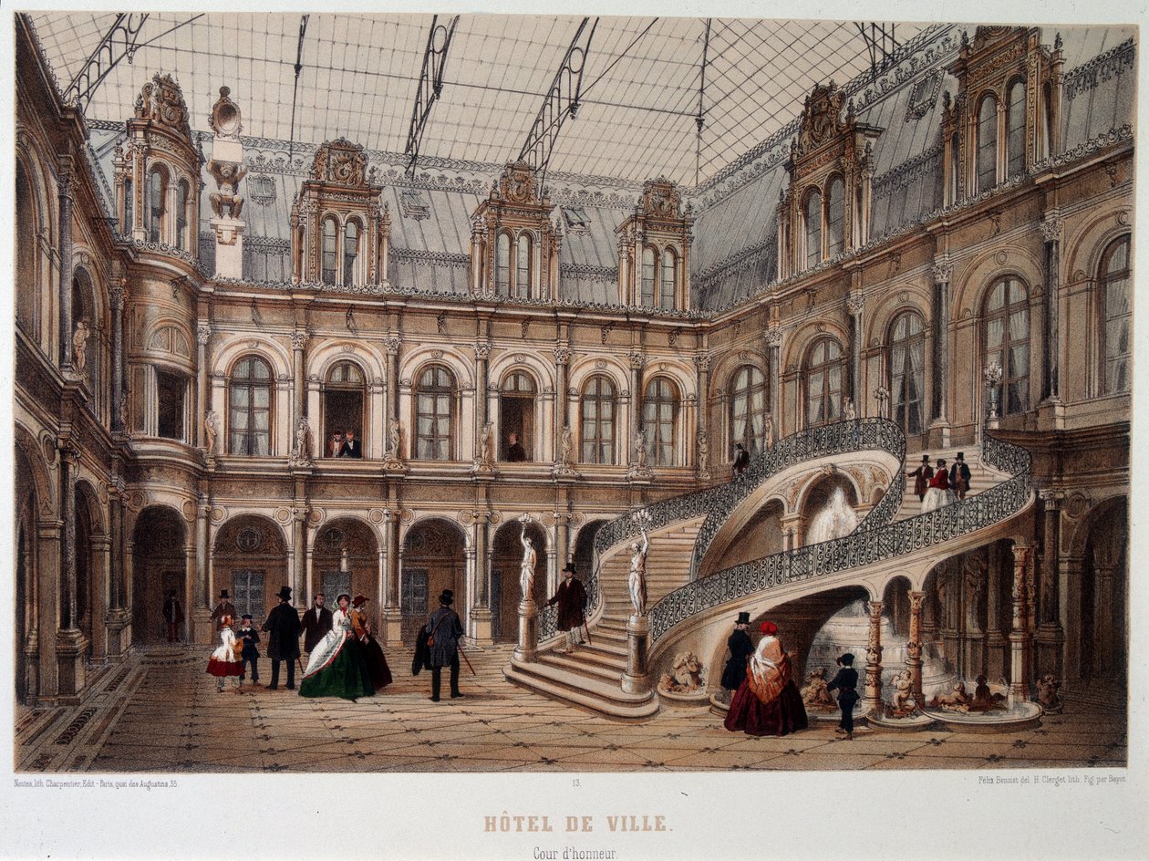 A Corte de Honra do Hotel de Ville de Paris - litografia de Unknown artist