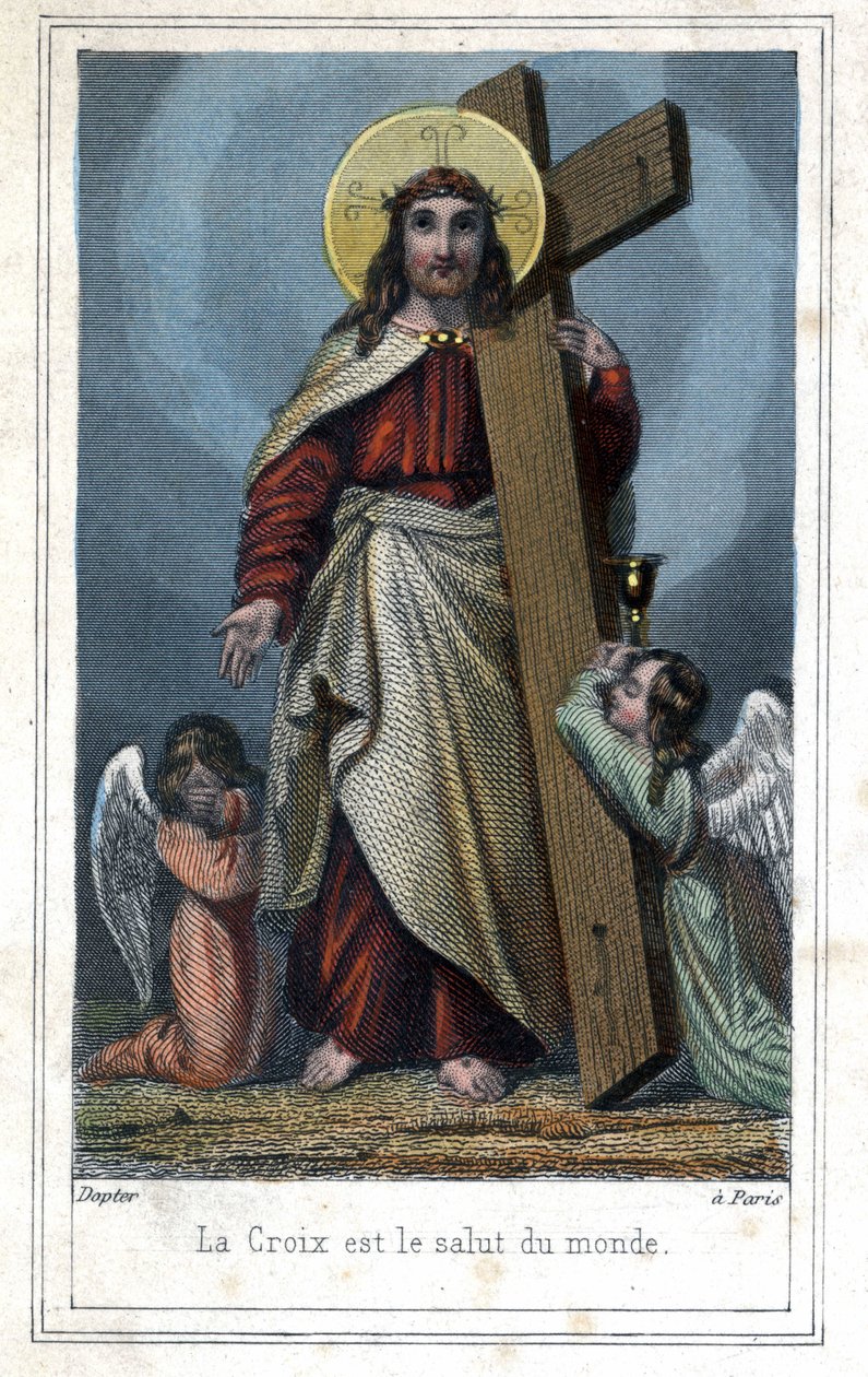 A Cruz é a salvação do mundo. Imagens populares sobre Cristo carregando a cruz. Dois anjos estão ao seu lado. Por volta de 1850. de Unknown artist