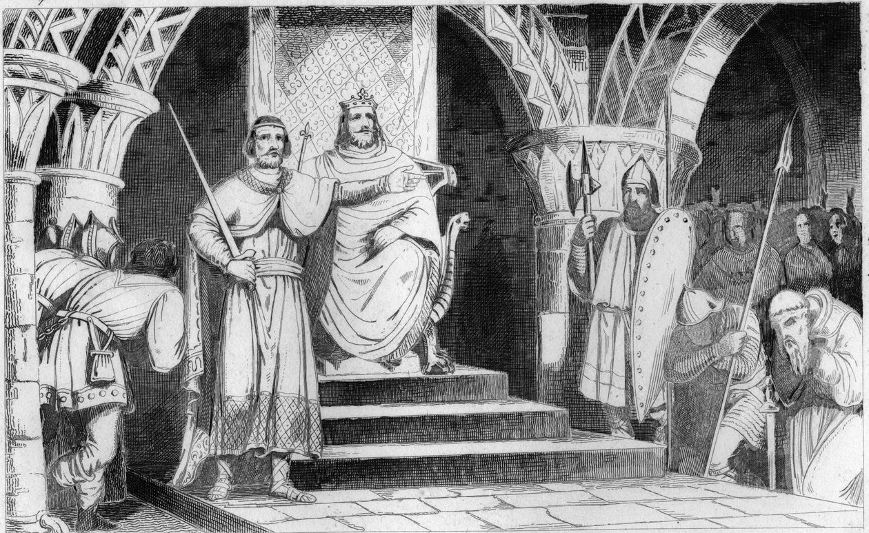A Coroação de Chilperic II (670-721) - Chilperic II (670-721) é colocada no trono por Rainfroi (Ragenfred) (prefeito do Palácio Neustrie) em 715 - Gravura de 1825 em "Histoire de France" representada por pinturas sinópticas dedicadas às crianças de Fra de Unknown artist