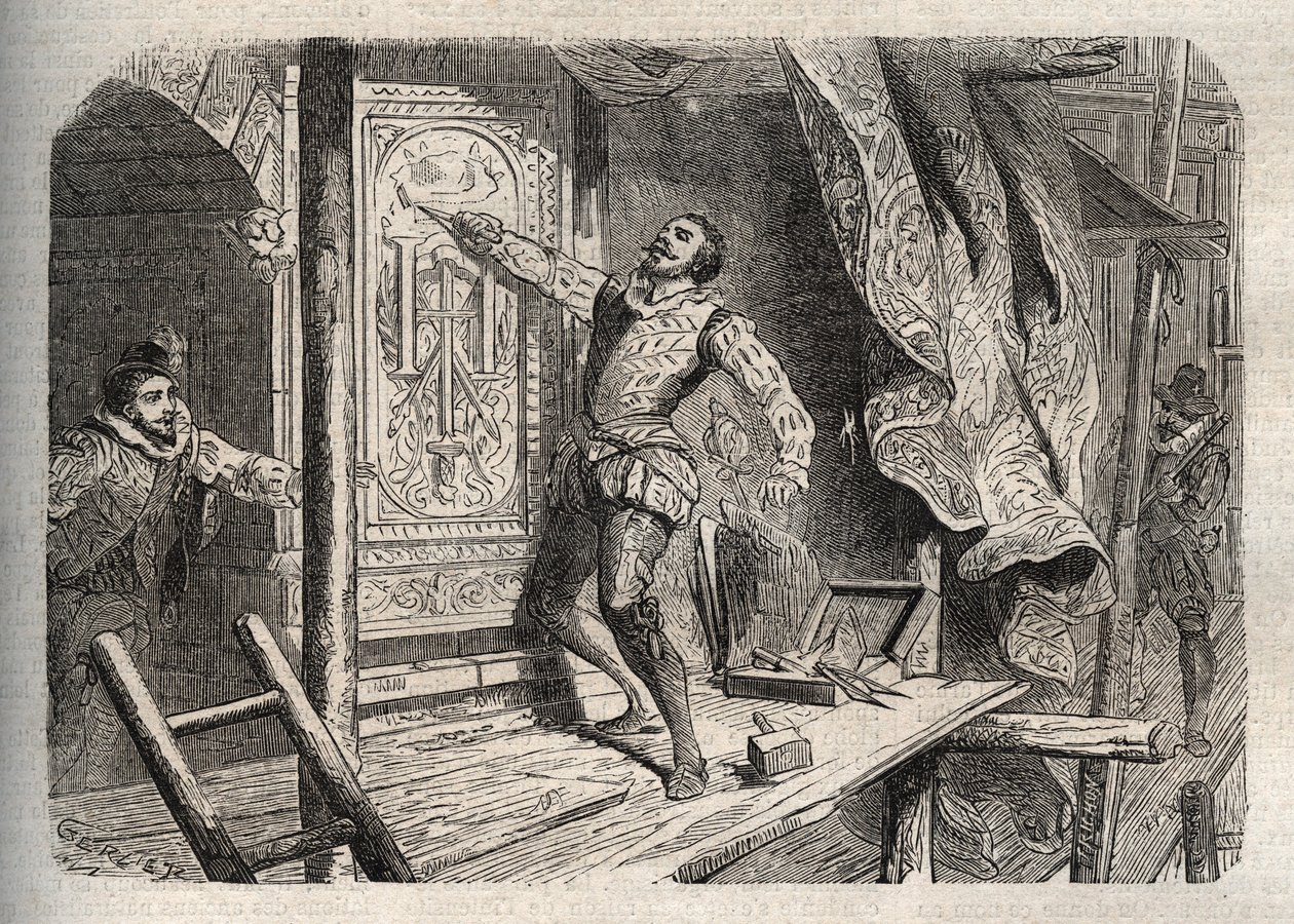 A Morte de Jean Goujon (1510-1562 ou 1569), morreu segundo uma lenda em 1572, durante o Saint Barthelemy - gravura em "Dictionnaire populaire illustrious" - 1864 - de Joseph Decembre e Edmond Allonier - de Unknown artist