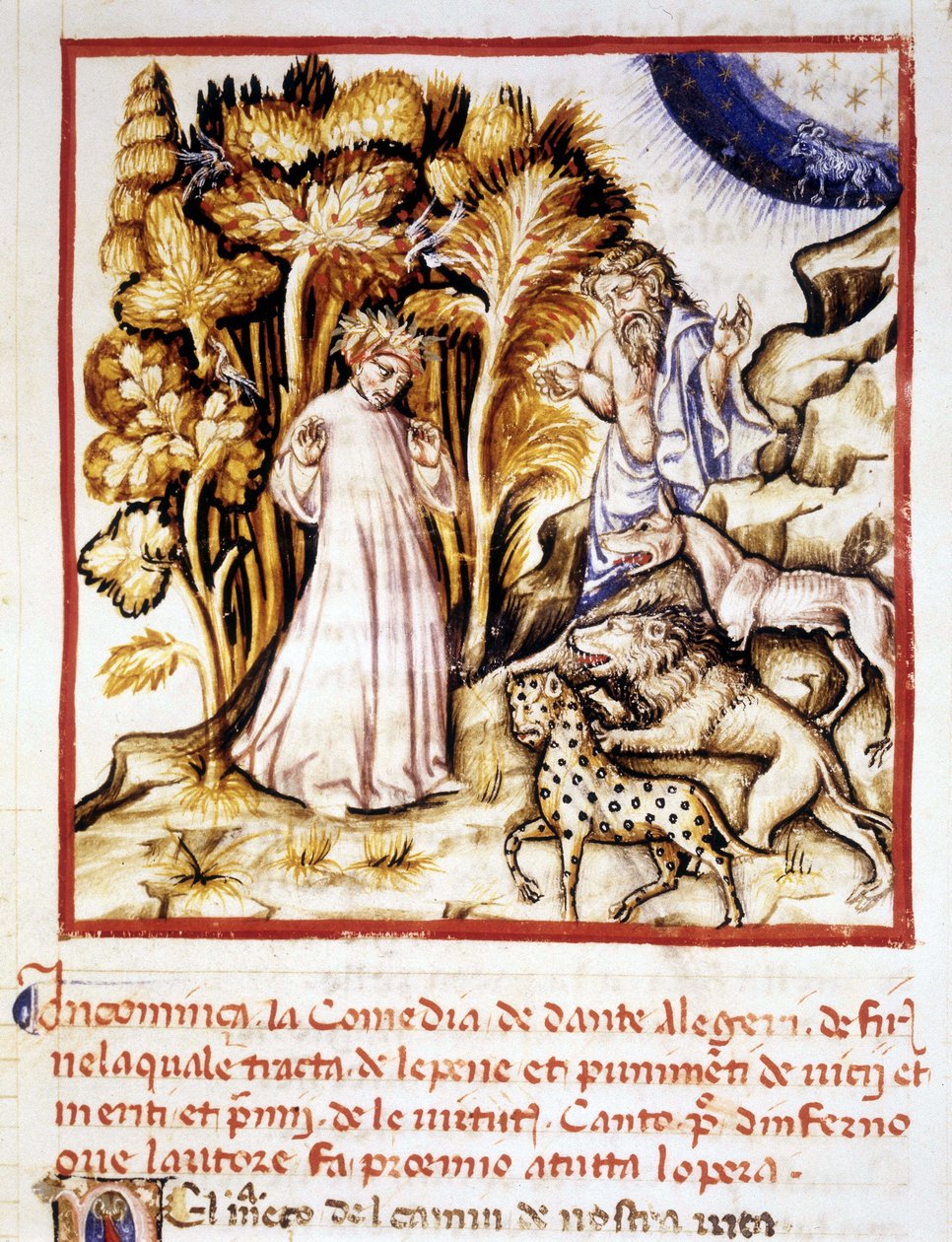 A Divina Comédia de Dante Alighieri. Miniatura retratando Dante, Virgil e os três animais. Manuscrito do século XIV. Bíblia Municipal de Rimini. de Unknown artist