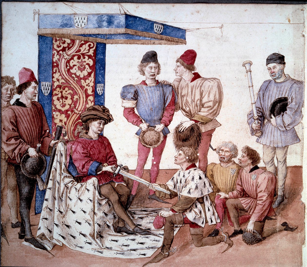 O Duque da Bretanha apresenta a sua espada aos reis de armas Miniatura retirada do "Livro dos torneios do Rei René de Anjou (René I de Nápoles) (1409-1480)" 1460 em Paris, B.N. de Unknown artist