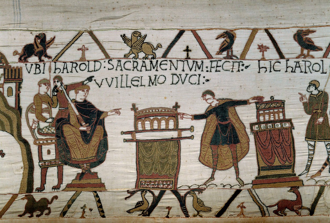 O Duque de Normandy Guillaume o Conquistador (1027-1087) fez um cavaleiro Harold que fez um juramento de lealdade em dois relicários Detalhe da Tapeçaria de Bayeux ou Bordado da Rainha Mathilde de Unknown artist