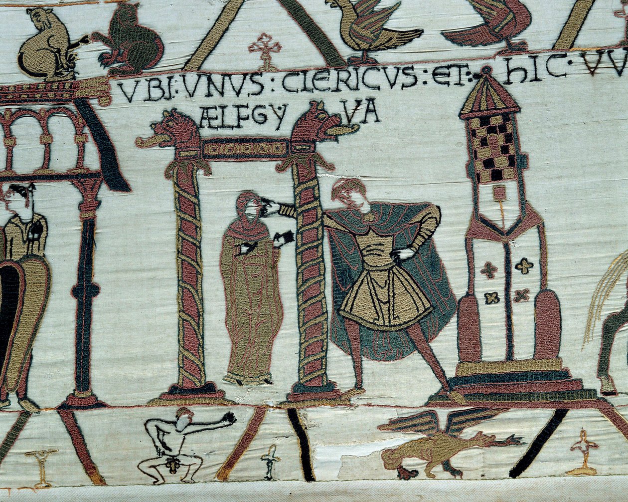 O Duque da Normandia Guilherme o Conquistador (1027-1087) promete sua filha Aelfgyve a Harold em casamento na Baixa esquerda, representação de um homem nu. Detalhe da Tapeçaria Bayeux ou Bordado da Rainha Mathilde de Unknown artist