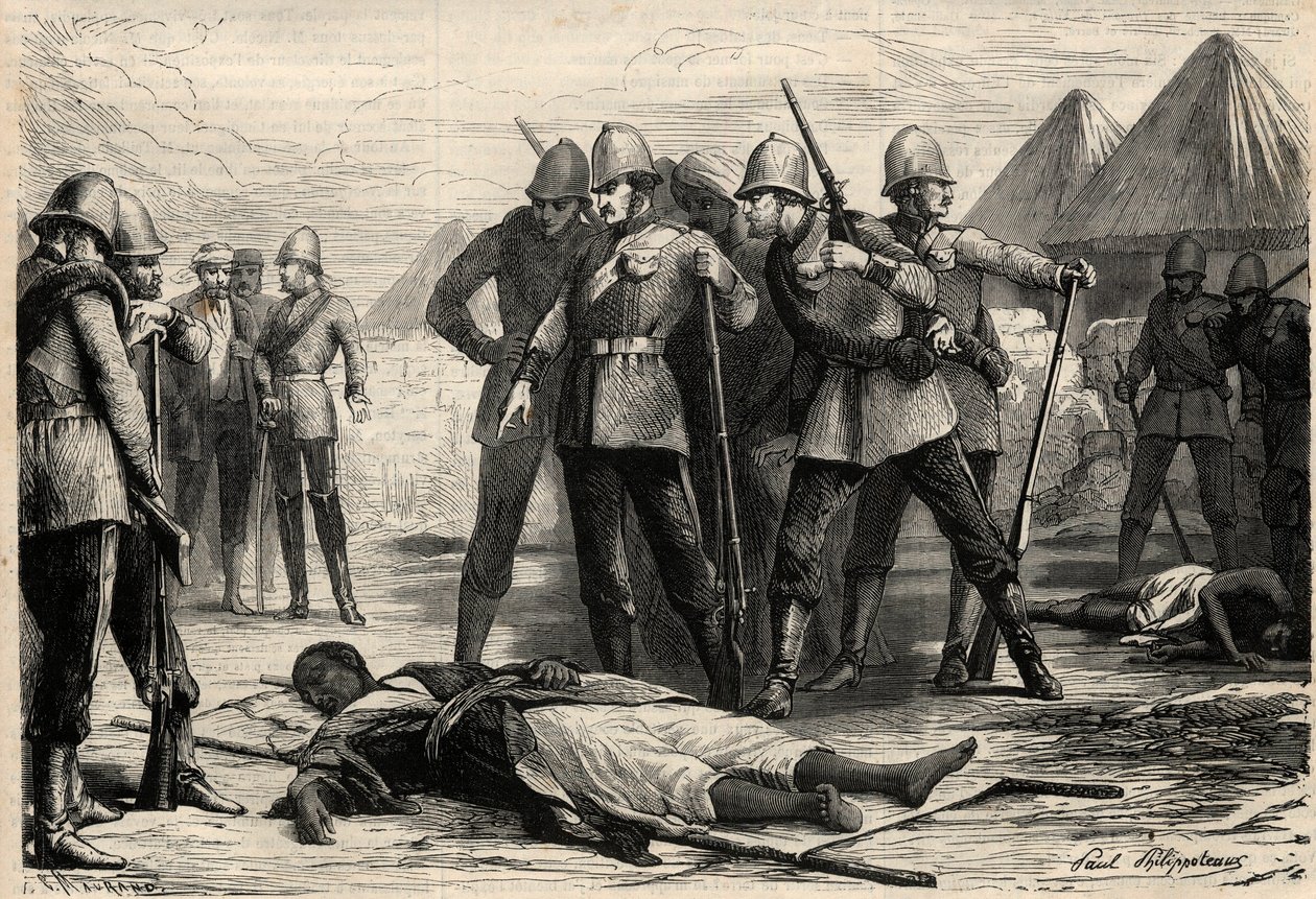 O Imperador (negus) da Etiópia Theodoros II (Tewodros) morreu em 13 de abril de 1868, após a captura de Magdala pelos ingleses, onde o negus tinha recuado. Gravura em "L