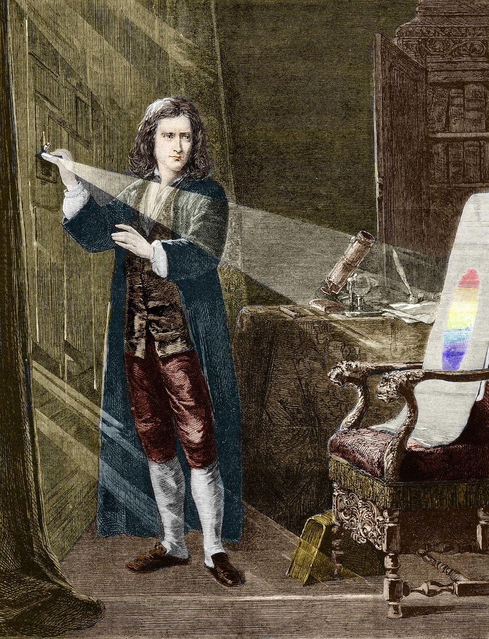 O físico inglês Isaac Newton (1642-1727) decompondo a luz com um prisma de vidro. Gravura a partir de 1880. de Unknown artist