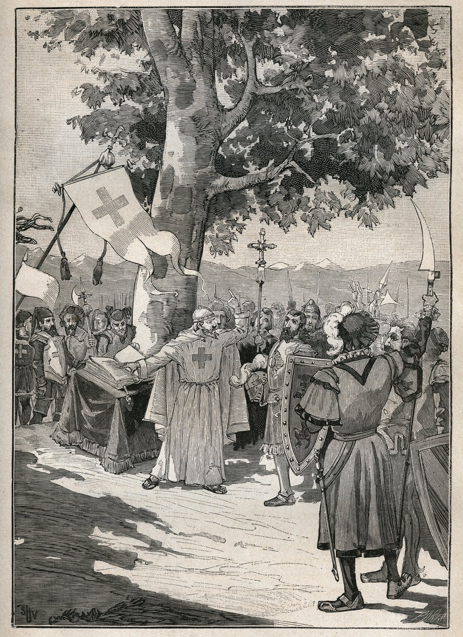A Era das Toneladas na Suíça, aos pés da qual a Abadia de Dissentis, os Condes de Saxónia e Werdenberg e o Barão de Razuns juraram em 1424 a Liga Superior ou Liga de Graubünden, que preparou a independência Helvética. Gravura a partir de 1885 em de Unknown artist