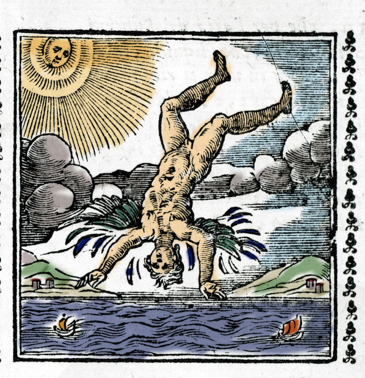 A Queda de Ícaro - A Queda de Ícaro. Xilogravura colorida. Século XVI. de Unknown artist