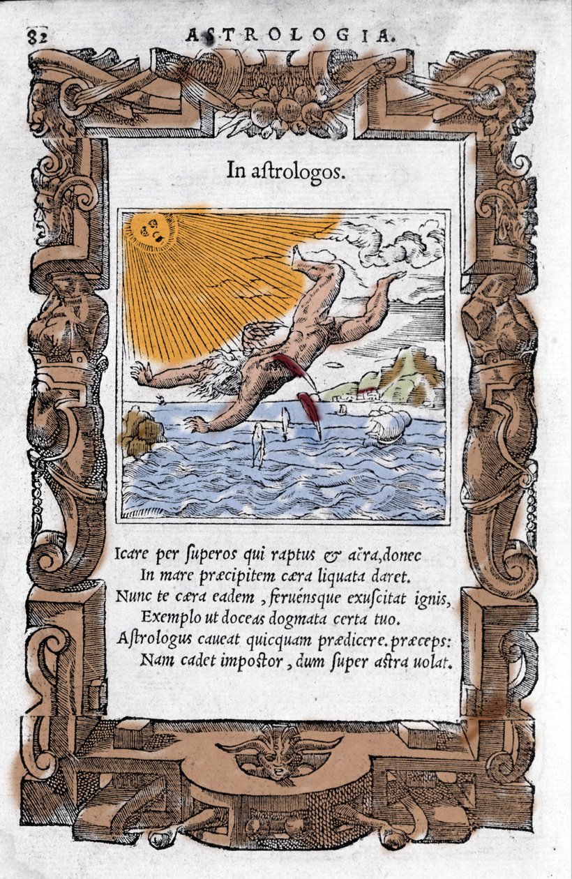 A Queda de Ícaro - A Queda de Ícaro. Xilogravura colorida do século XVI. de Unknown artist