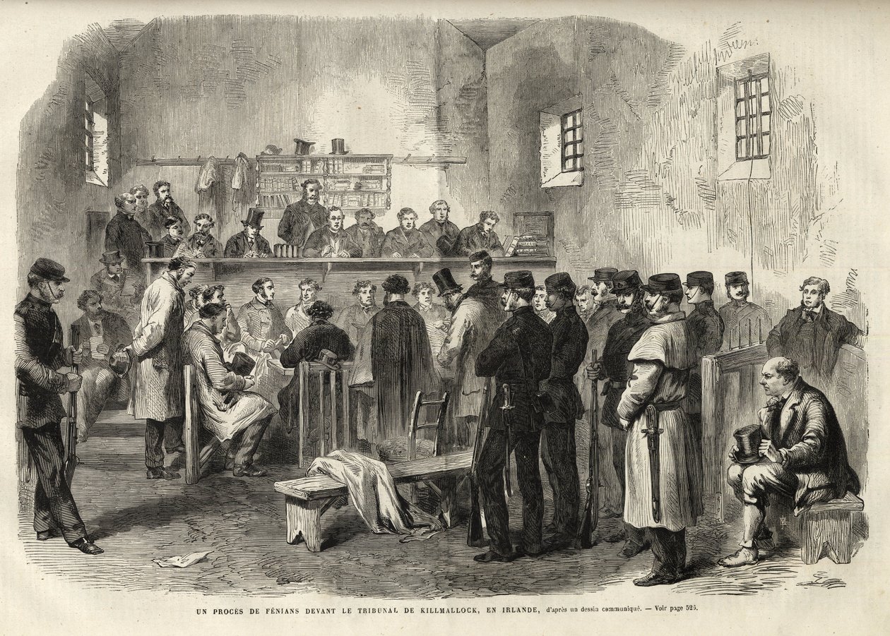 A Insurreição Feniana, Inquérito ao Sr. Cleary no Tribunal de Kilmallock - 1867 - Um julgamento de Fenians no Tribunal de Kilmallock na Irlanda - 1867 - gravura de "The Illustrous Universe" de 1867 de Unknown artist