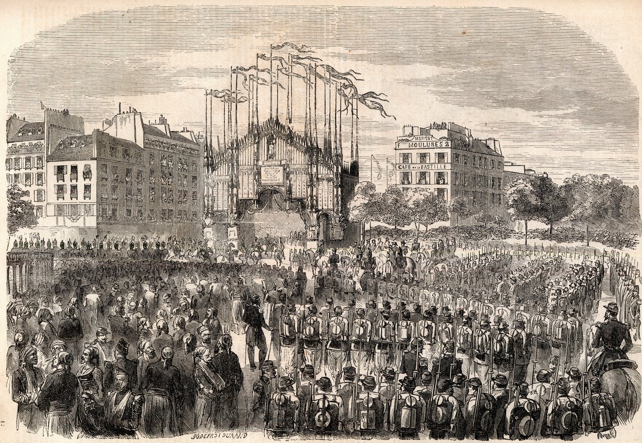 Os Fetes em Paris, Entrada do Exército de Itália em Paris, Arco Triunfal na Praça da Bastilha, representando a Frente da Catedral de Milão - Regresso das tropas após o Risorgimento, Paris de Unknown artist
