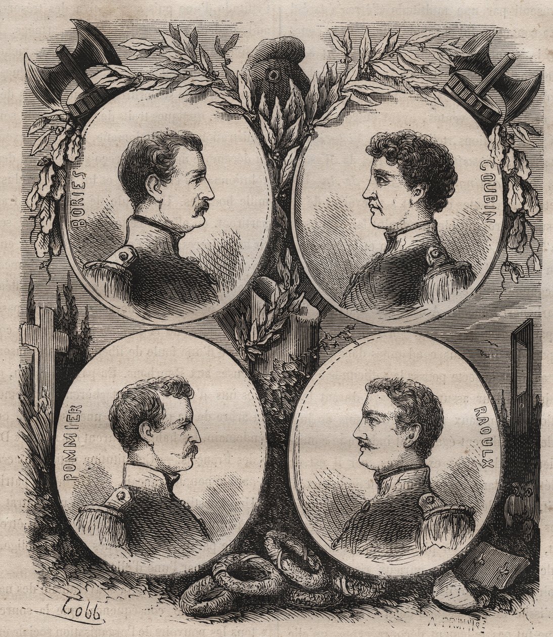 Os Quatro Sergentos (Jean Francois Bories (1795-1822), Jean Joseph Pommier (1796-1822), Marius Claude Raoulx (1797-1822)) e Charles Goubin (1798-1822) de La Rochelle acusados sob a Restauração de quererem derrubar a monarquia e as guilhotinas em 1822 de Unknown artist