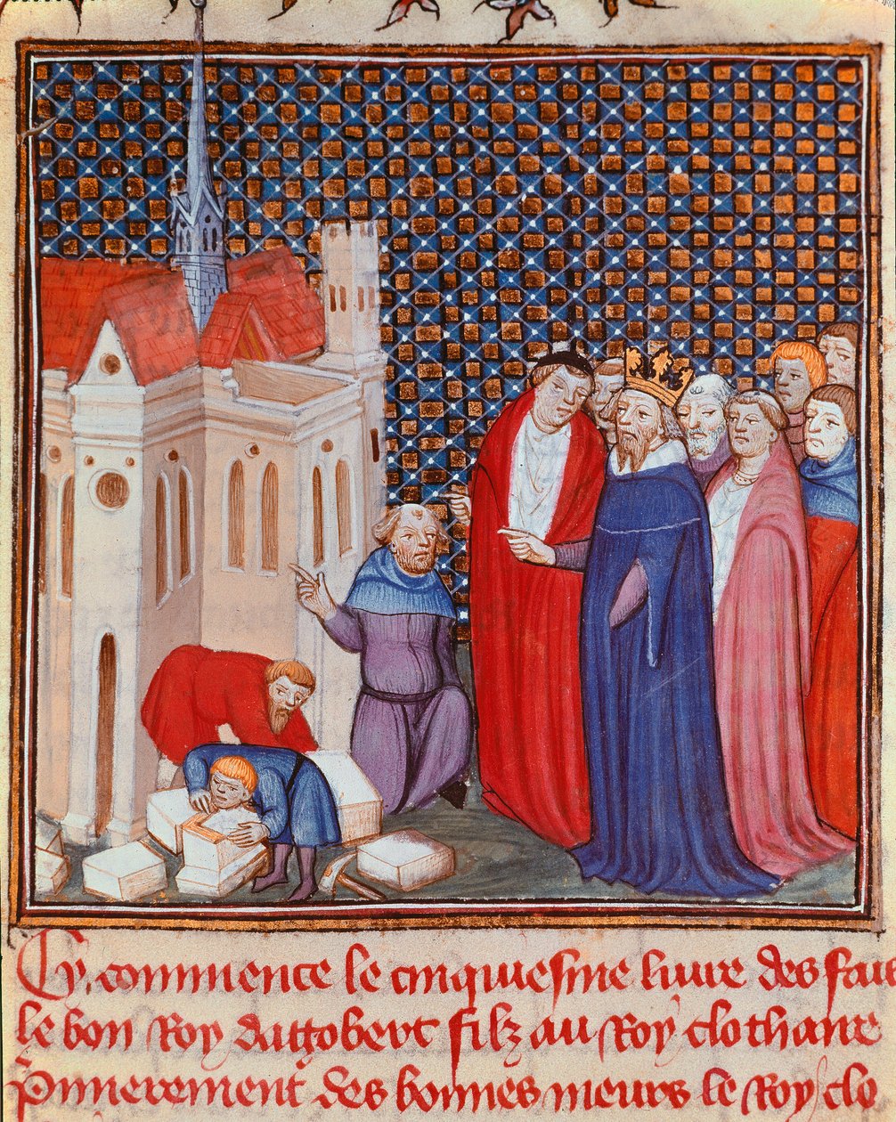 O Rei Franc Dagobert I (603/608-639) da dinastia Merovíngia supervisionando a construção de um edifício em miniatura de "Les grandes Chronicles de France" ou "Les Chronicles de Saint Denis" do século XIV Chantilly, Musee Conde de Unknown artist