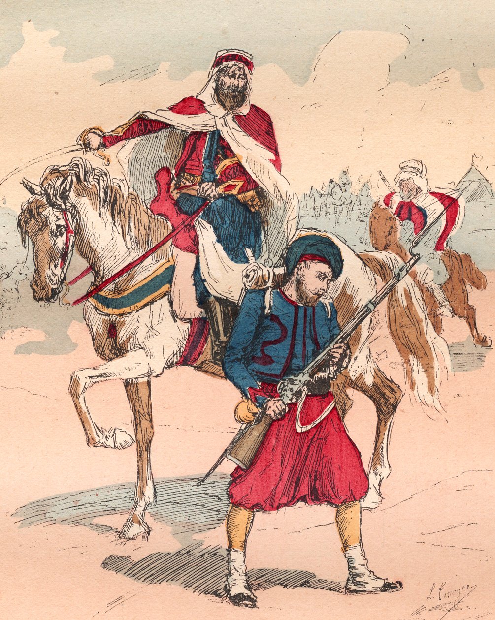A Armee francesa sob o Reino de Louis Philippe de 1830 a 1848 - Zouave e Spahi - Gravura de 1882 em "Histoire de dix ans: 1830-1840" Louis-Blanc (1811-1882) de Unknown artist