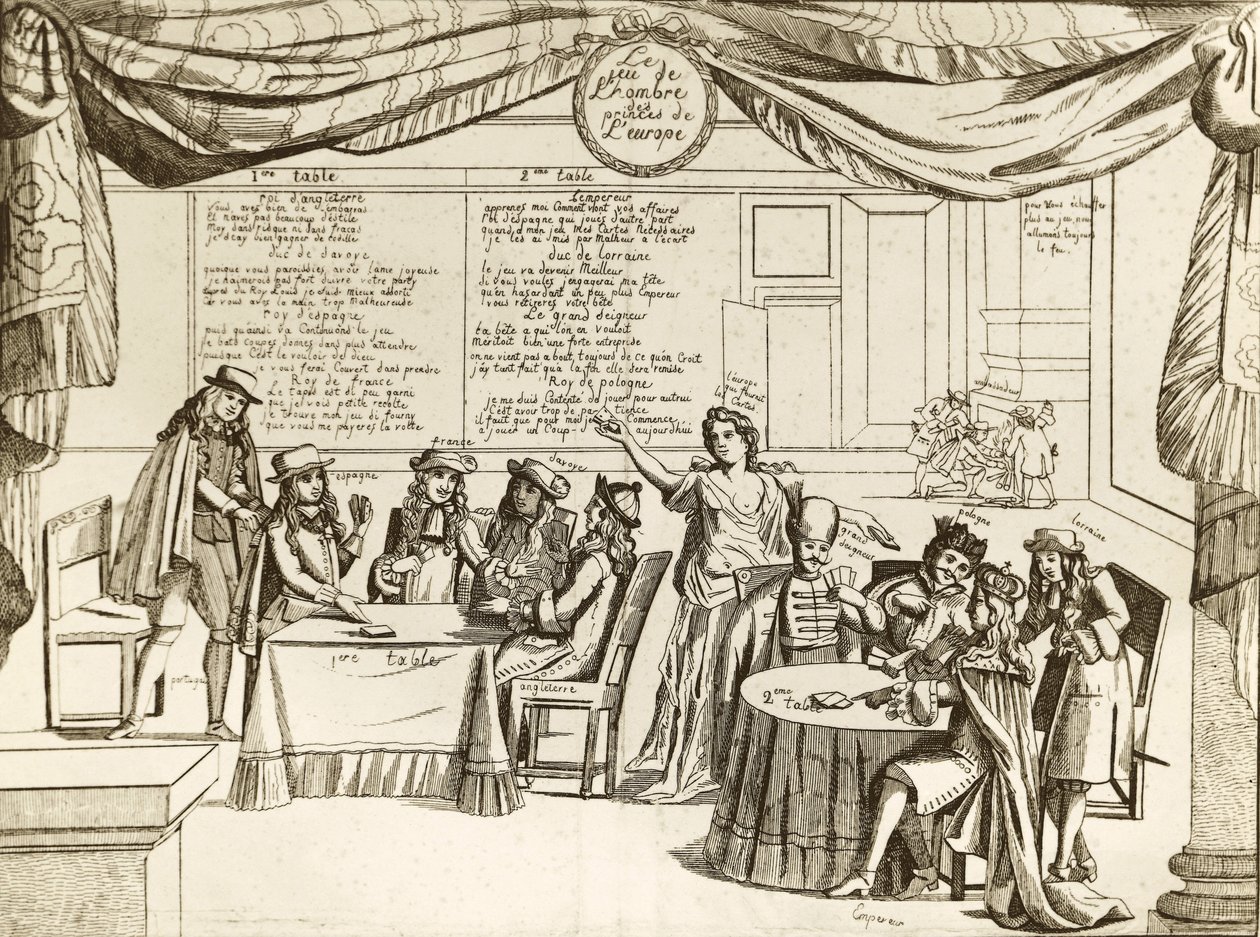 O Jogo do Hombre dos Príncipes da Europa - Hombre, metáfora da política internacional - 1685 - A Europa é cortada em pedaços por soberanos descontrolados que "jogam" os seus territórios como se fossem propriedade sua - A sátira segue o Treve de Regensburg, de Unknown artist
