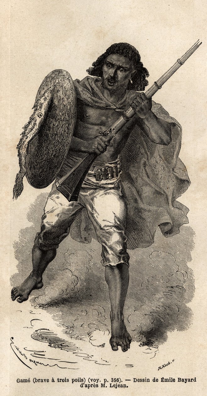 O Jogo, ou corajoso tem três cabelos, soldado abissiniano de armas. Engravure pour illustrrer le voyage en Abyssinie, en 1862 by Guillaume Lejean, in "Le tour du monde, nouveau journal des voyages" publicado sob a direcção de Edouard Charton de Unknown artist