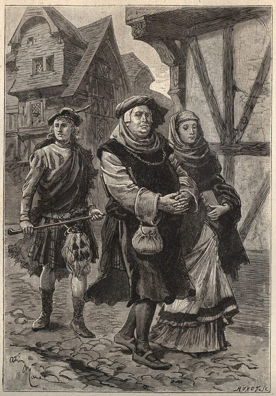 O Gartier (O Glover) acompanhando sua filha à igreja - ilustração do século XIX para o romance histórico "The Pretty Girl of Perth" ou Dia dos Namorados (ou A bela criada de Perth) por de Unknown artist