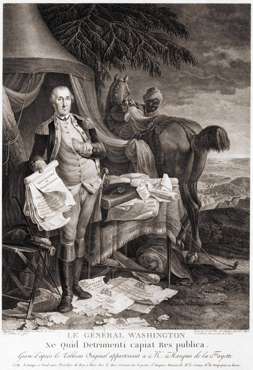 O General Washington (1732 - 1799), gravado após a pintura original pertencente ao Marquês de la Fayette. de Unknown artist