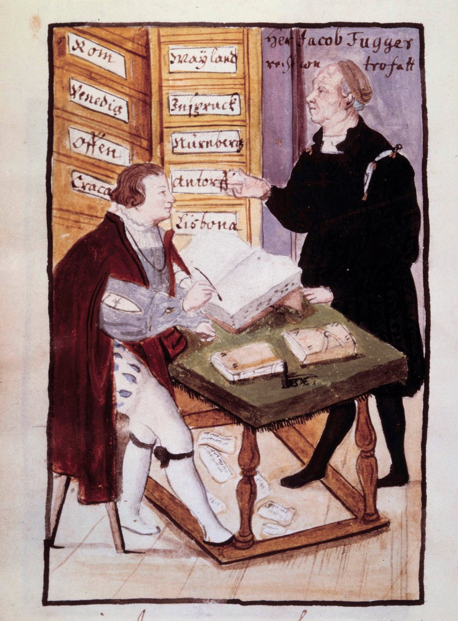O banqueiro alemão Jacob Fugger (1459-1525) em seu escritório (Goldene Schreibstube) com seu contador alemão Matthaus Schwarz (1497-around 1574) Watercolour do século 16. BN, Paris de Unknown artist