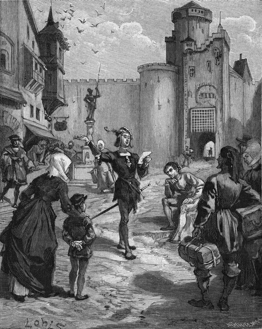 O cavaleiro, poeta e humanista alemão Ulrich von Hutten (1488-1523) declamando um de seus poemas na rua. Gravura do século XIX. Em "Histoire de France", de Jules Michelet de Unknown artist