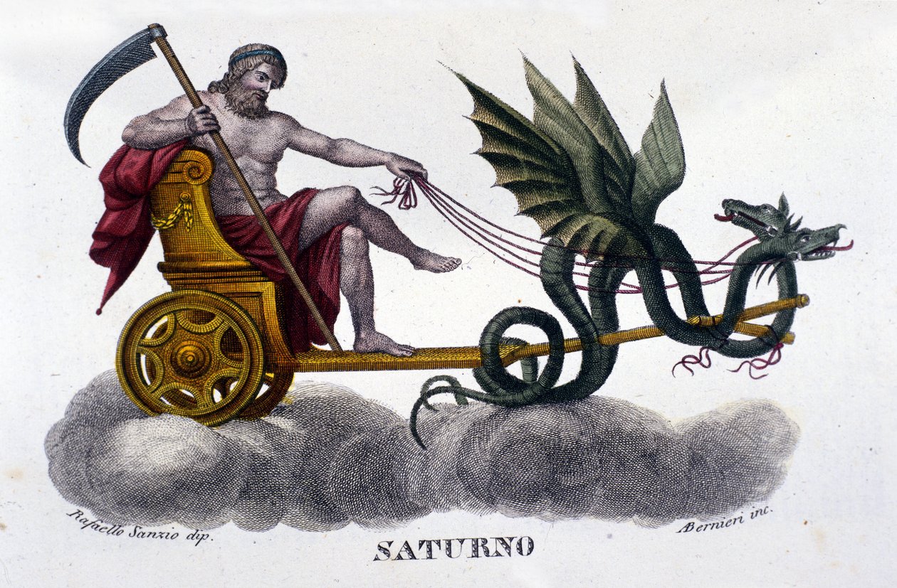 O Deus Saturno (ou Cronos) sobre um tanque disparado por dois dragões. A partir de uma ilustração de Raffaello Sanzio. Gravura do século XIX. de Unknown artist