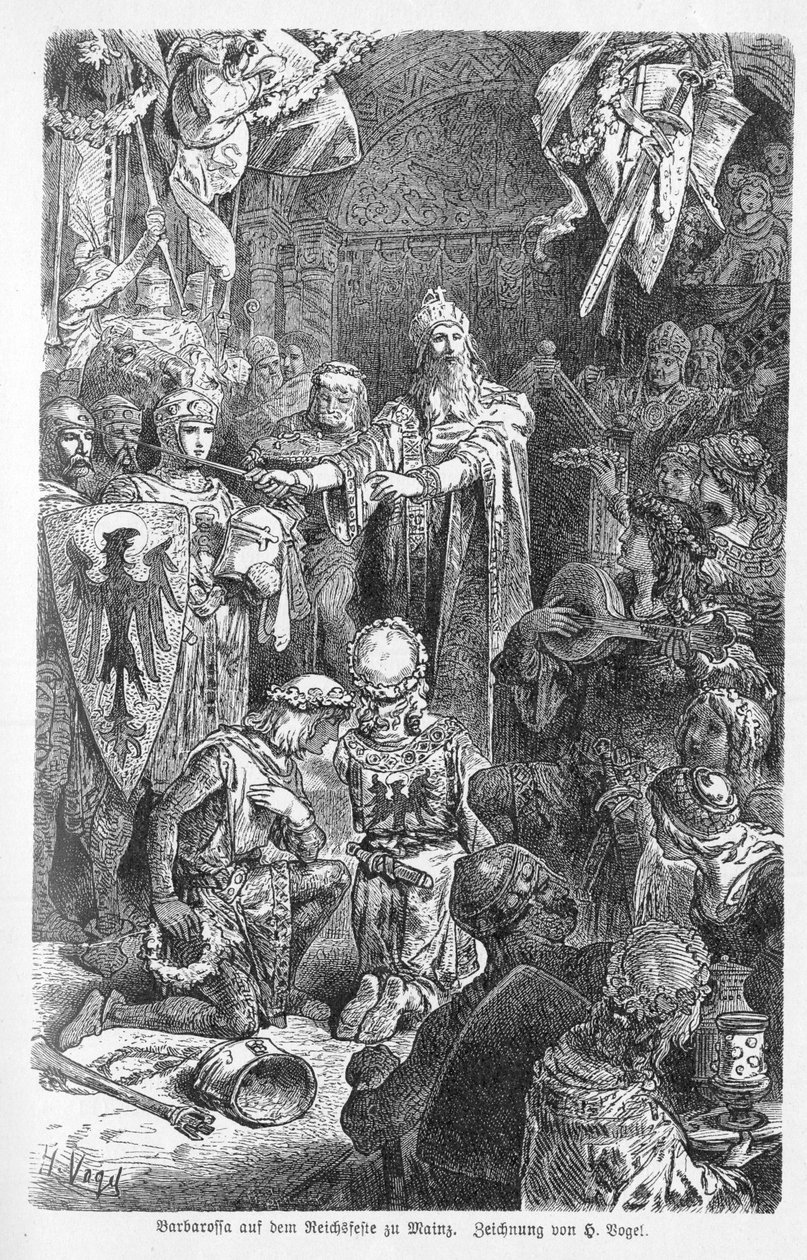 O Grande Imperador Frederico Barbarossa Sedia Sua Corte em Mainz - Frederic I de Hohenstaufen, dit Frederic Barberousse (1122-1190) recebeu em Mainz a cruz do eveque Gerardo de Würzburg - Gravura em "Kaiser, Konig une Papst" de Richard Roth de Unknown artist