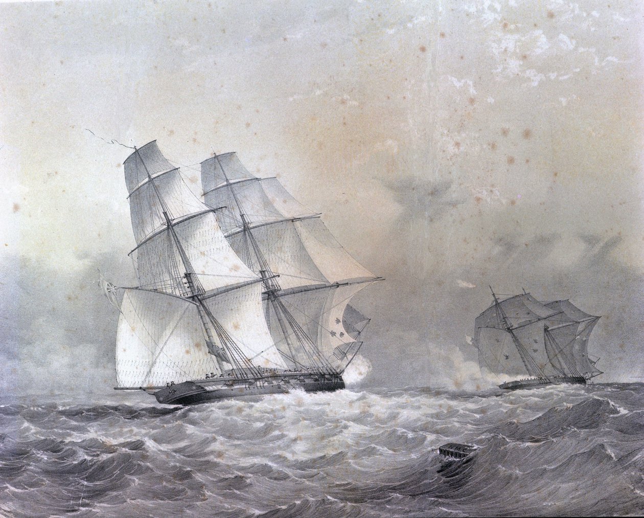 O brigantino HMS Acorn de 16 armas perseguindo o Negrier Gabriel de Unknown artist
