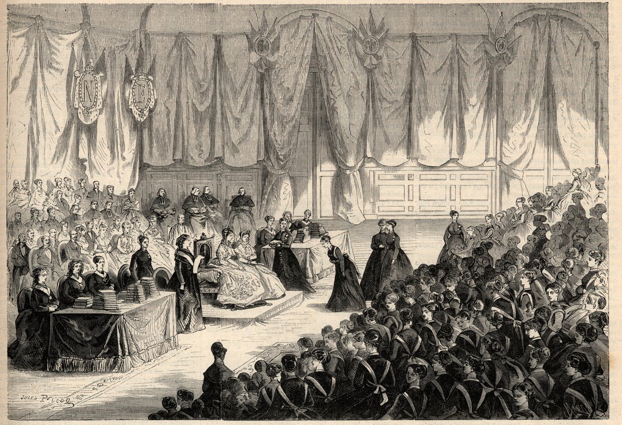 A Impressora Eugenie de Montijo (1826-1920) presidindo à distribuição de prémios à instituição imperiosa da Legião de Honra em Saint Denis. Gravura em "L