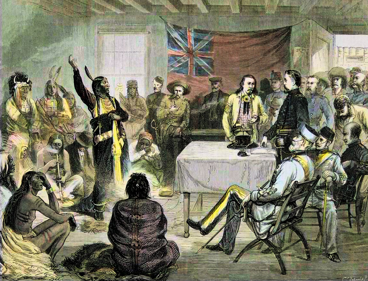 The Indian War in the United States - the "Sitting Bull" Council with Sitting Bull and Buffalo Bill at Fort Walsh, território britânico, Outubro de 1877 - Sitting Bull and Buffalo Bill: O Sitting Bull Council em Fort Walsh, Território Britânico, durante a  de Unknown artist