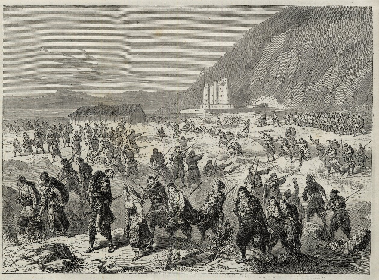 A Insurreição na Dalmácia (o Bocche di Cattaro) - insurreição contra o alistamento imposta pelo governo austríaco - EVENTOS DALMÁTICOS. SURGOS AO ESTADO TRINITA FORT, NEAR CATARO (Bouches of Kotor) - Baía de Kotor - 1869 - de Unknown artist