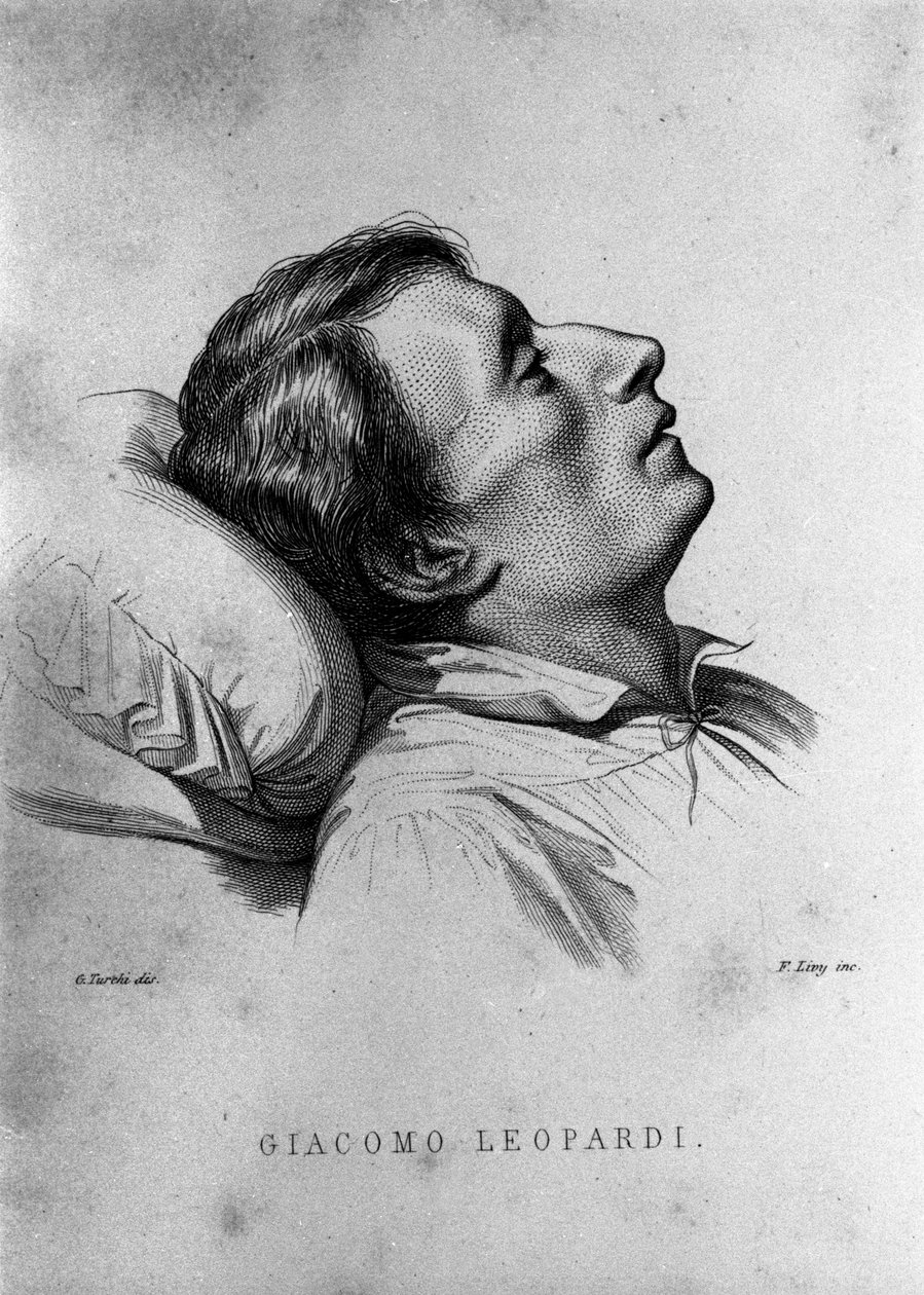 O poeta italiano Giacomo Leopardi (1798-1837) em seu leito de morte. de Unknown artist