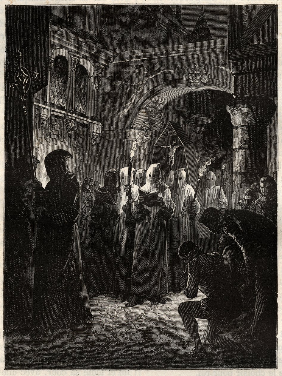 O Rei de França Henrique III (1551-1589) em traje penitente branco" Procissão do Confrade instituída pelo Rei 23/03/1585 (Procissão do Rei de França Henrique III em traje penitente branco) de Unknown artist