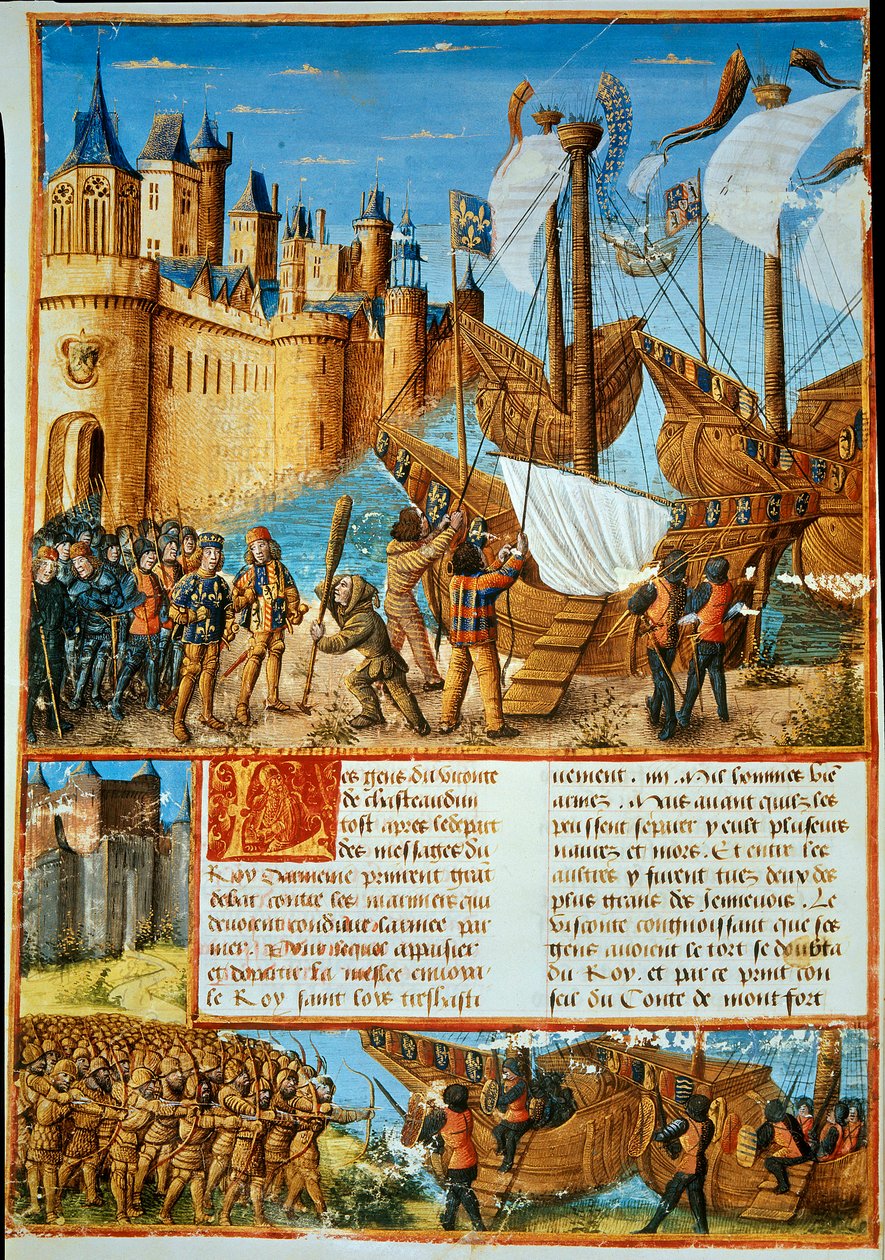 O Rei da França Luís IX (Saint Louis) (1214-1270) embarca na sétima cruzada. Miniatura tirada de "Les passages faits Outremer par les Français contre les Turks et autres Sarrazins et Moures Outremarine" de Sebastien Mamerot de Unknown artist