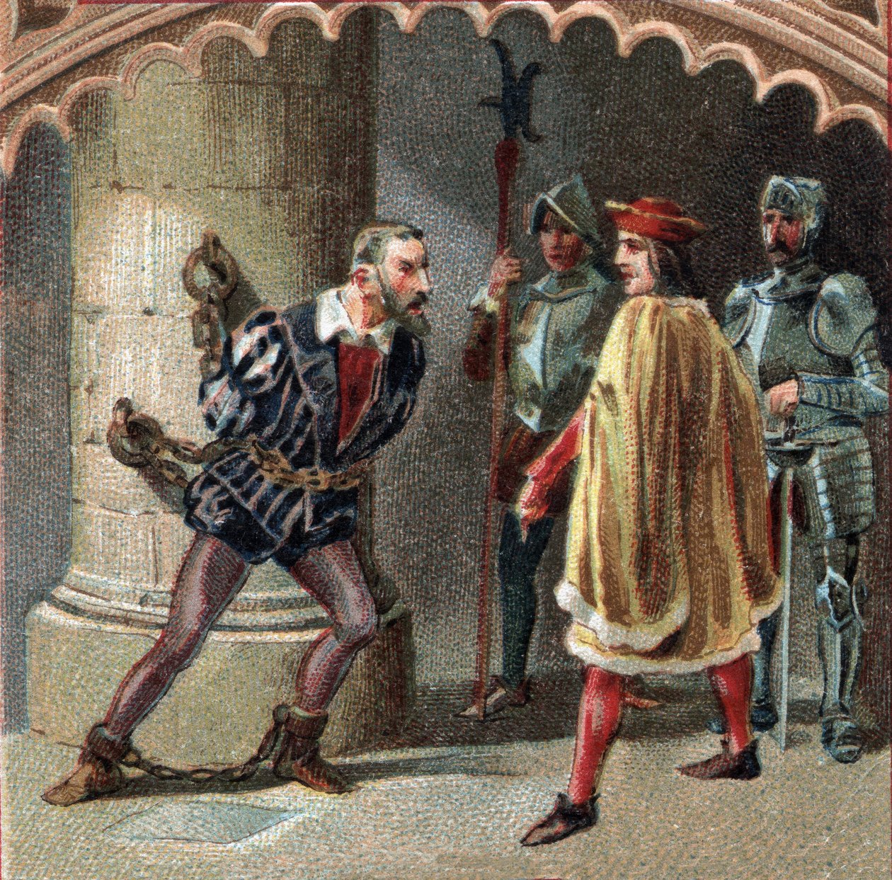 O Rei da França Luís XII tem Ludovic Marie Sforza, conhecida como a Mais (Ludovico Maria Sforza detto il Moro) (1452-1508) trancada no castelo de Loches, em Touraine. Cromolitografia do final do século XIX de Unknown artist