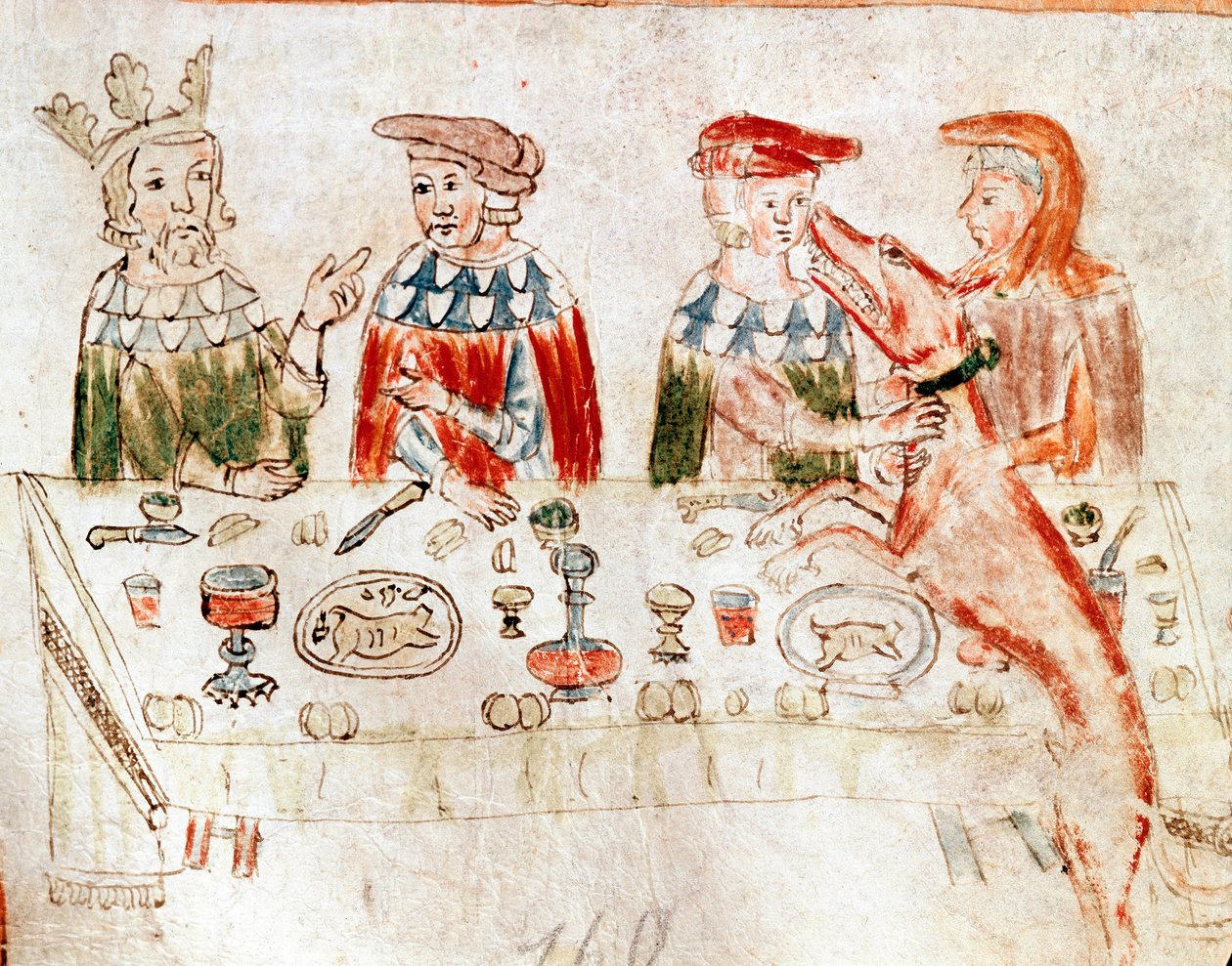 O Rei dos Francos Pepin III o Brief (714-768) e seu filho Carlos Magno num banquete em miniatura de um manuscrito do século XII. Veneza. Biblioteca nazionale marciana. de Unknown artist