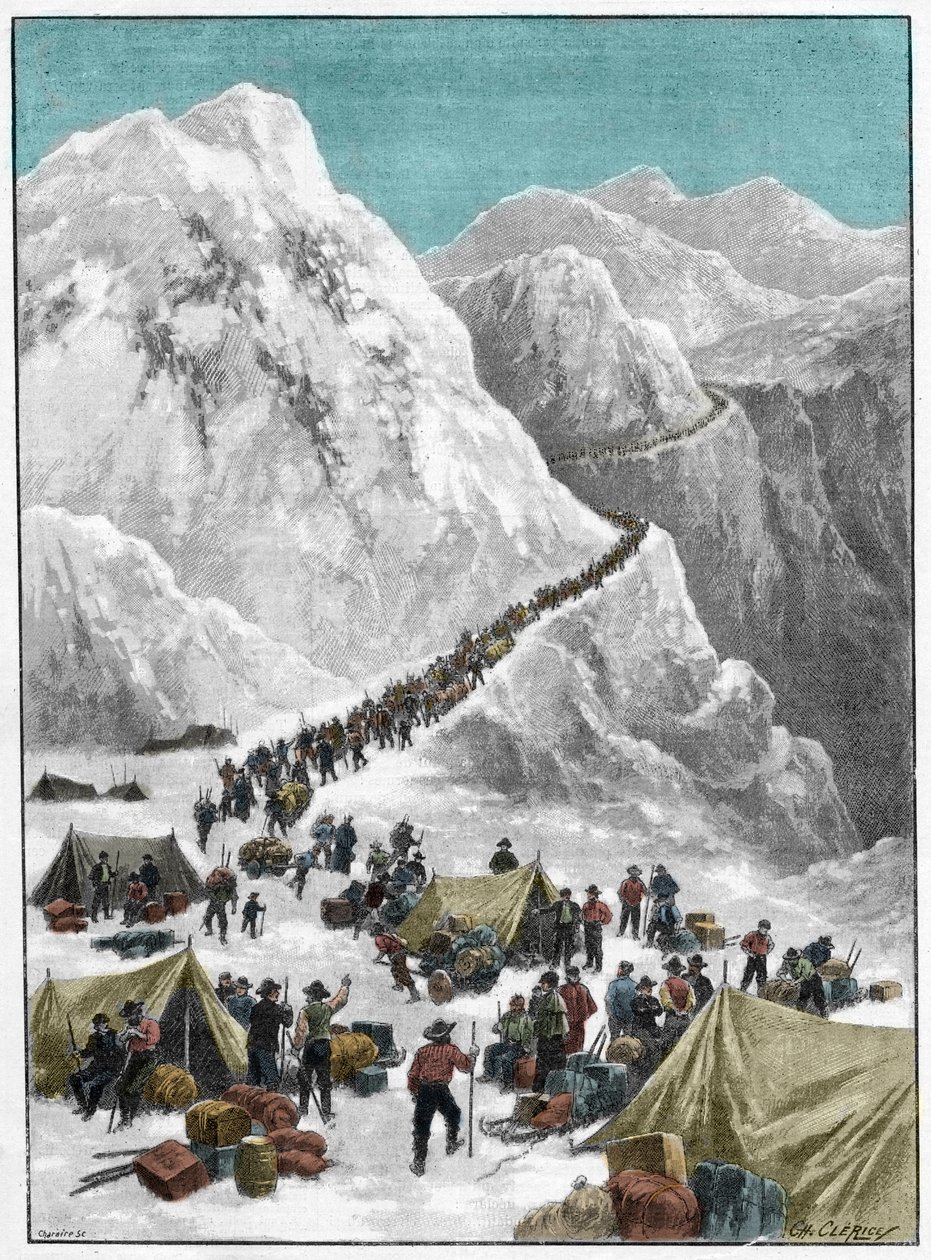 A Corrida do Ouro Klondike - Os que procuram ouro atravessam o Passo de Chilkoot durante a Corrida do Ouro no Alasca de Unknown artist