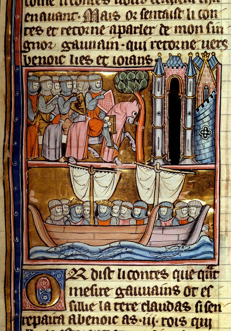 Os Cavaleiros partiram para a Cruzada. Miniatura tirada de "La quete du Holy Grail et la mort du roi Arthur" de Robert De Borron (ou Boron) (1147-1170) Por volta de 1280 Paris, B.N. de Unknown artist
