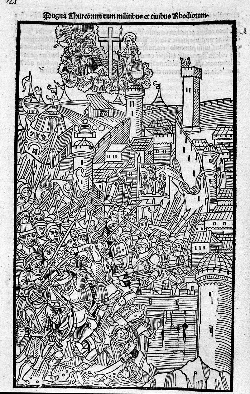 Os Cavaleiros de Rodes (a Ordem dos Hospitaleiros de São João de Jerusalém) atacando Rhode Island em "Rhodiorum Historia" de Guilelmus Caorsin, Ulmae, Joh. Reger, 24 de outubro de Unknown artist