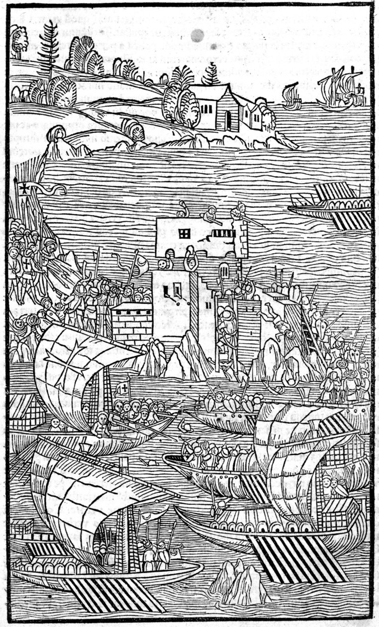 Os Cavaleiros de Rodes (a Ordem dos Hospitaleiros de São João de Jerusalém) atacando Rhode Island em "Rhodiorum Historia" de Guilelmus Caorsin, Ulmae, Joh. Reger, 24 de outubro de Unknown artist